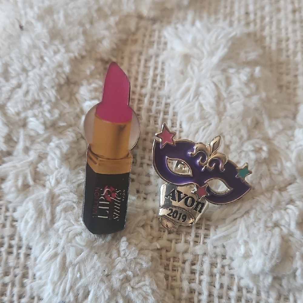 Avon Bright Pink Lipstick Enamel Pin Set with Purple Mask Pin